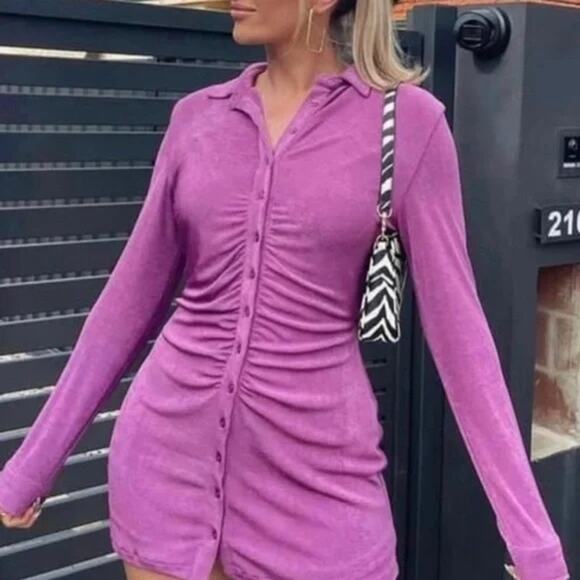 With Jean Andy fuschia purple long sleeve mini dress full button down shirt - Picture 1 of 6
